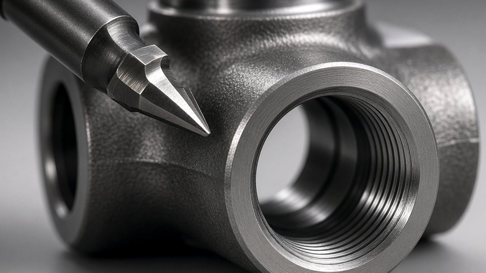Machined internal threads on a precision metal component ready for gauging